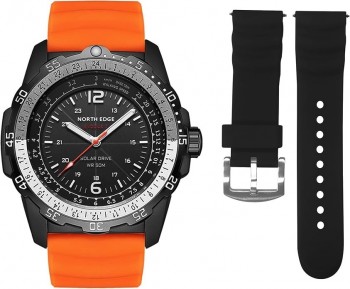 NORTH EDGE Men's Solar Powered Watch Outdoor Silicone Strap Ultra-Long Battery Life (Black)